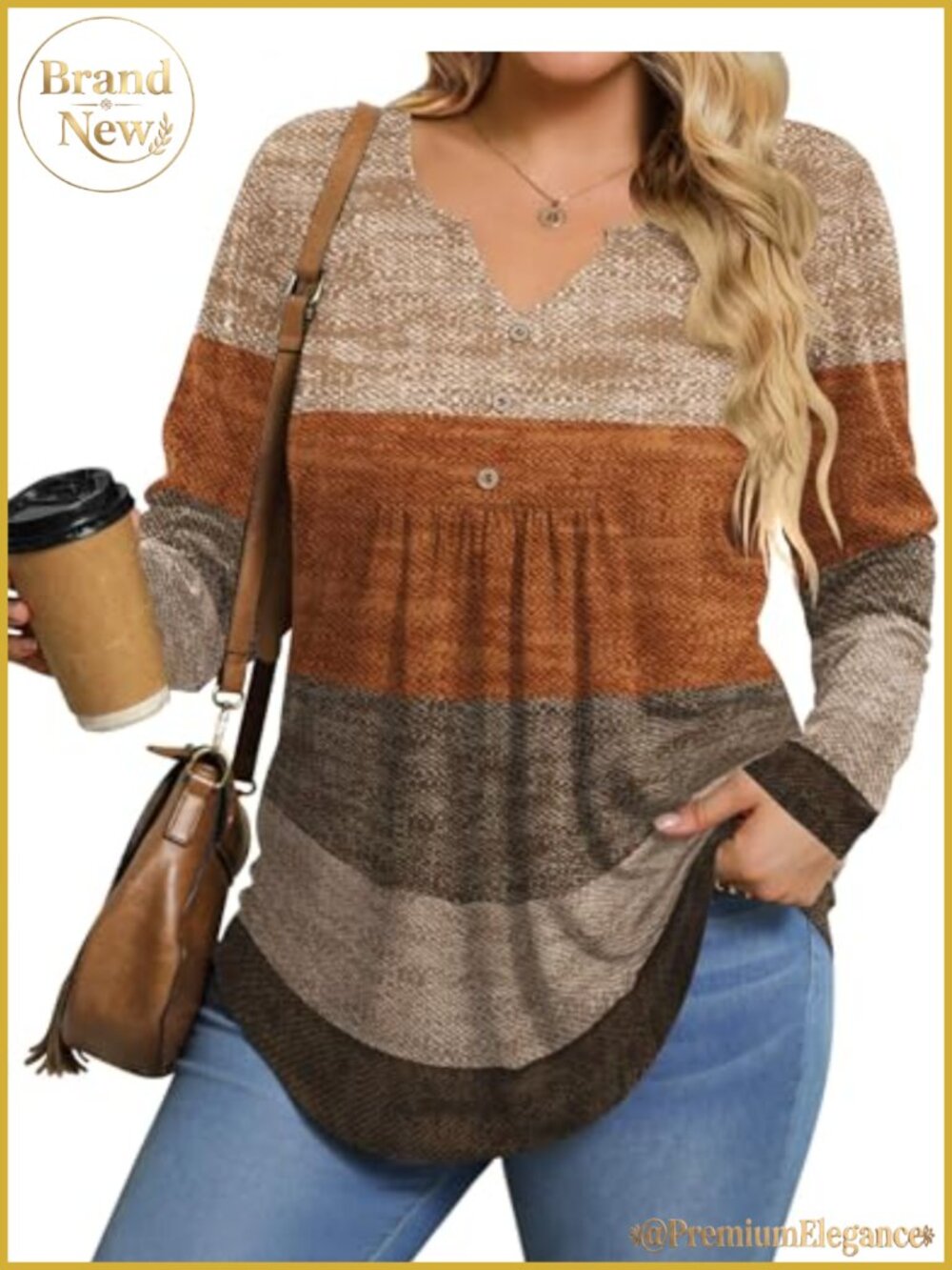 Plus Size Long Sleeve Tunic Top V Neck Button Blouse